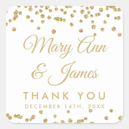 Adesivo Quadrado Marca de Favor do Casamento Dourada Faux Glitter C