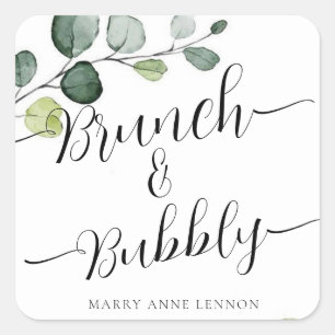 Adesivo Quadrado Marcas de Favor de Brunch e Espumante de Eucalipto