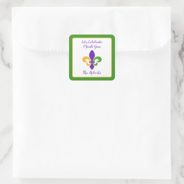 Adesivo Quadrado Mardi Gras NAME Green Gold Purple Fleur de Lis (Bolsa)