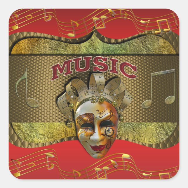 Adesivo Quadrado Mardi Gras Smiling Mask Metallic Music Notes (Frente)