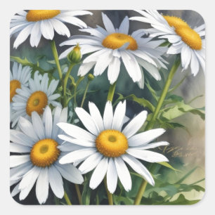 Adesivo Quadrado Margaridas Ramalhete de Flores Aquarela Elegante