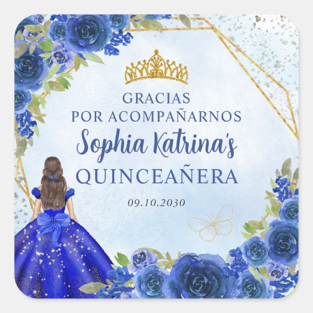 Adesivo Quadrado Marinho Azul Dourada Princesa Floral Tiara Obrigad (Frente)