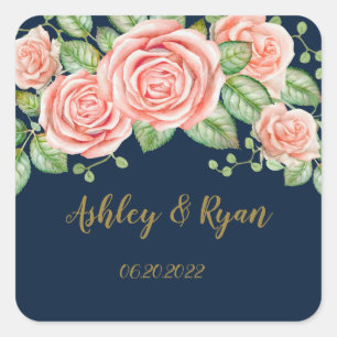 Adesivo Quadrado Marinho Azul Dourado Blush Floral Casamento