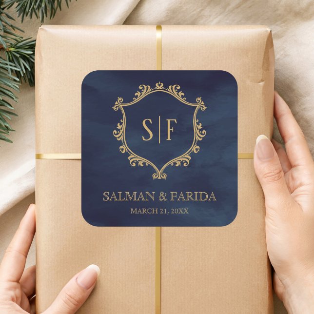 Adesivo Quadrado Marinho Azul Dourado Crest Monograma Favor Casado (Criador carregado)