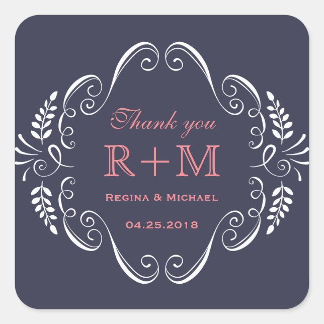 Adesivo Quadrado Marinho Blue Floral Curl Casamento Favor Vinheta (Frente)