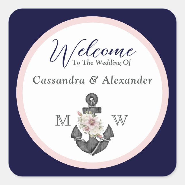 Adesivo Quadrado Marinho de Âncora Floral de Casamento Náutico Azul (Frente)
