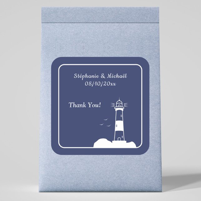 Adesivo Quadrado Marinho de farol Casamento Azul (Lighthouse Navy Blue Wedding Sticker)