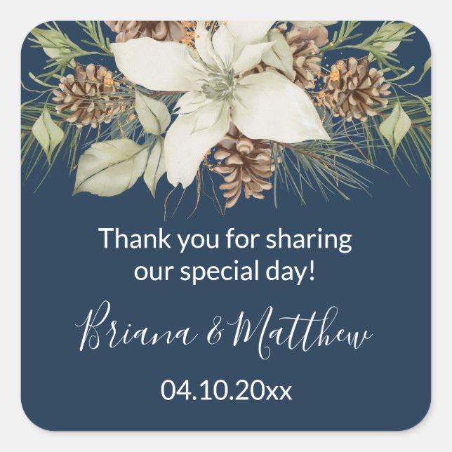 Adesivo Quadrado Marinho de inverno Blue Elegant Script Weding Favo (Frente)