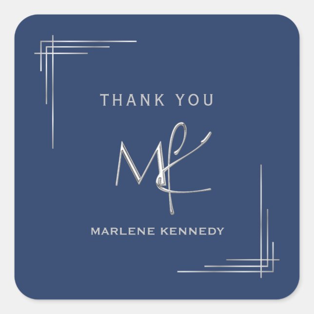 Adesivo Quadrado Marinho de monograma personalizado elegante azul (Frente)