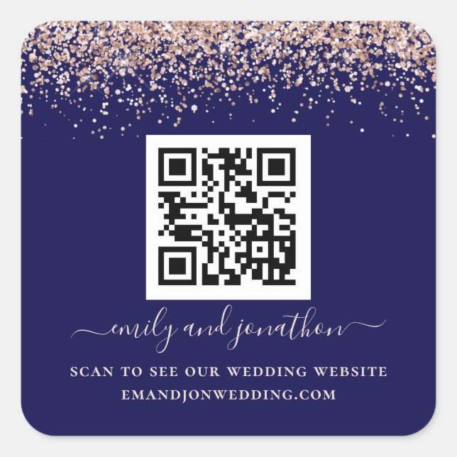 Adesivo Quadrado Marinho de Site de Casamento de Código QR Glitter  (Frente)