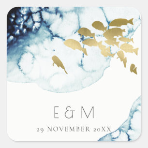 ADESIVO QUADRADO MARINHO DOURADO ELEGANTE SOB ÁGUA MONOGRAMA DE PE