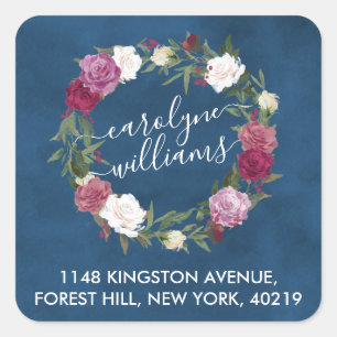 Adesivo Quadrado Marinho Elegante Blue Floral Wreath Return Endereç