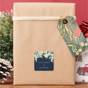 Adesivo Quadrado Marinho Escuro Elegante Snowberry+Eucalyptus Weddi
