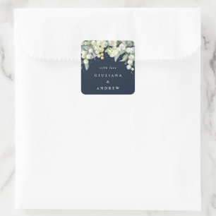 Adesivo Quadrado Marinho Escuro Elegante Snowberry+Eucalyptus Weddi