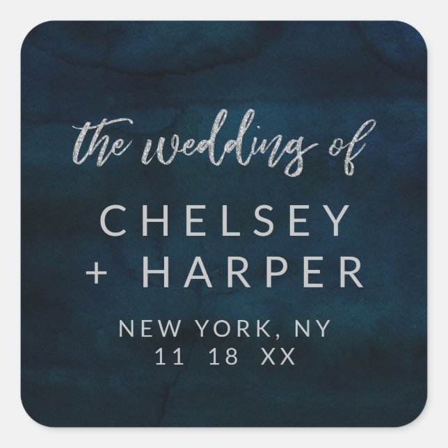 Adesivo Quadrado Marinho Luster Azul Prata Casamento de Monograma (Frente)