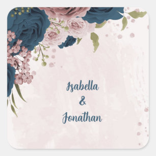 Adesivo Quadrado marinho rosa, flores azuis, casamento botânico