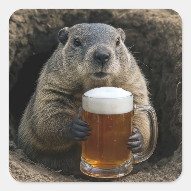 Adesivo Quadrado Marmota Com Caneca De Cerveja (Frente)