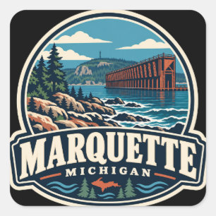 Adesivo Quadrado Marquette Michigan Lago Superior Viagem EUA Vintag