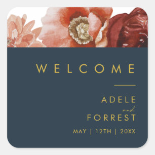 Adesivo Quadrado Marsala Autumn Floral   Boas-vindas ao Marinho