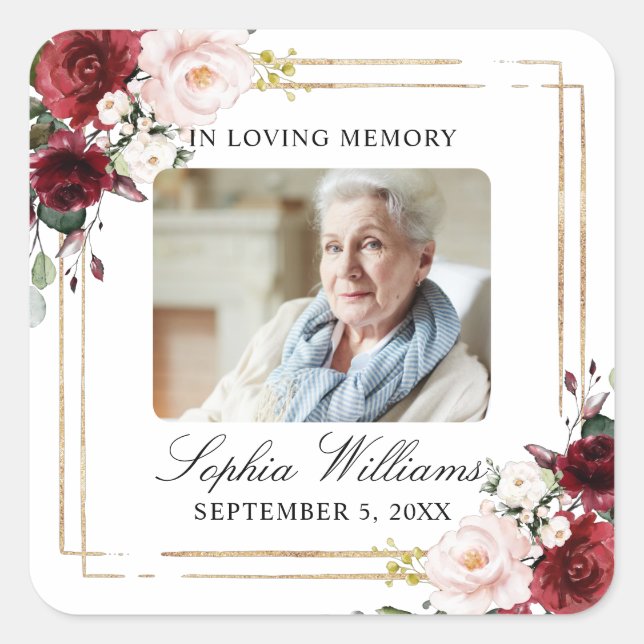 Adesivo Quadrado Marsala Rosa Memorial Funeral Square Sticker (Frente)