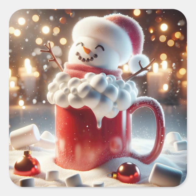 Adesivo Quadrado Marshmallow Snowman Em Chocolate Quente (Frente)