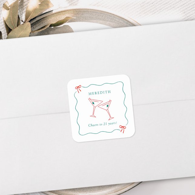 Adesivo Quadrado Martini aplaude 21 anos de Festa de aniversário (Martini Cheers to 21 Years Birthday Party Invitation Square Envelope Seal Stickers)