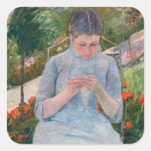 Adesivo Quadrado Mary Cassatt - Menina costurando em um Jardim