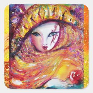 ADESIVO QUADRADO MÁSCARA CARNIVAL NO AMARELO DOURADO COM ROSA VERME