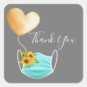 Adesivo Quadrado Máscara Covid e Flores Obrigado