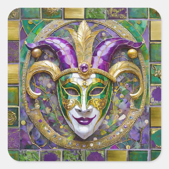 Adesivo Quadrado Máscara de Jester Mardi Gras Roxo Verde Dourado (Frente)