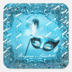 Adesivo Quadrado Máscara de Mascarada Azul Festa de Gala Elegante