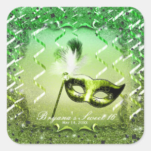 Adesivo Quadrado Máscara de Mascarada Verde Festa de Baile Elegante