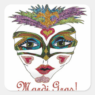 Adesivo Quadrado Máscara de Pena Brilhante Colorida de Mardi Gras