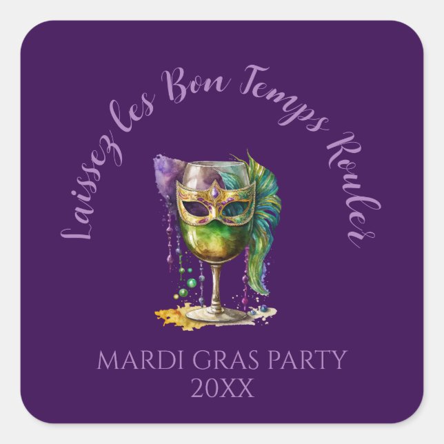 Adesivo Quadrado Máscara Roxa de Mardi Gras (Frente)