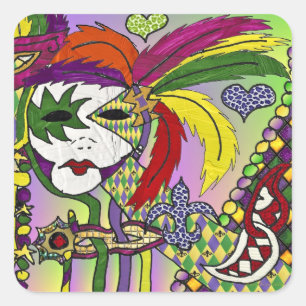 Adesivo Quadrado Máscaras de Penas do Mardi Gras Psicodélico Presen