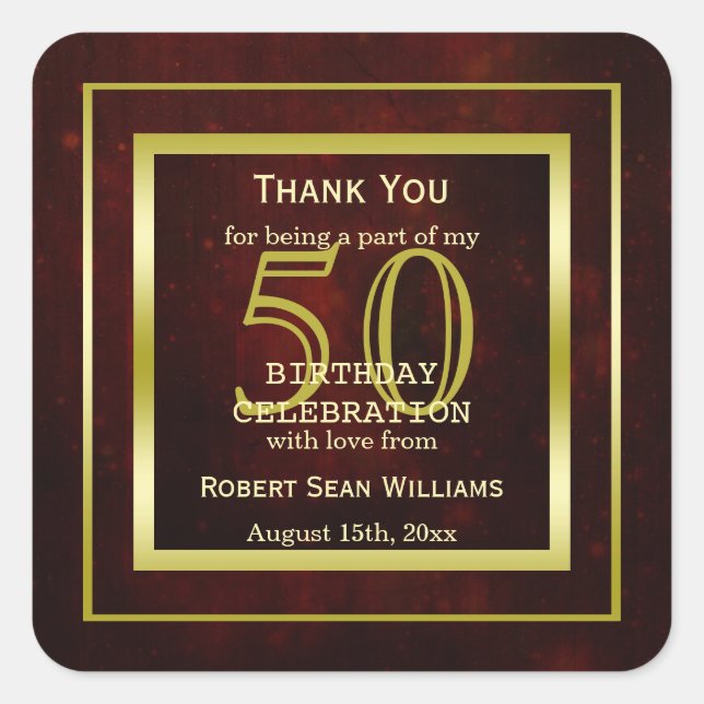 Adesivo Quadrado Masculina Frame Dourado Duplo 50º Aniversário (Frente)
