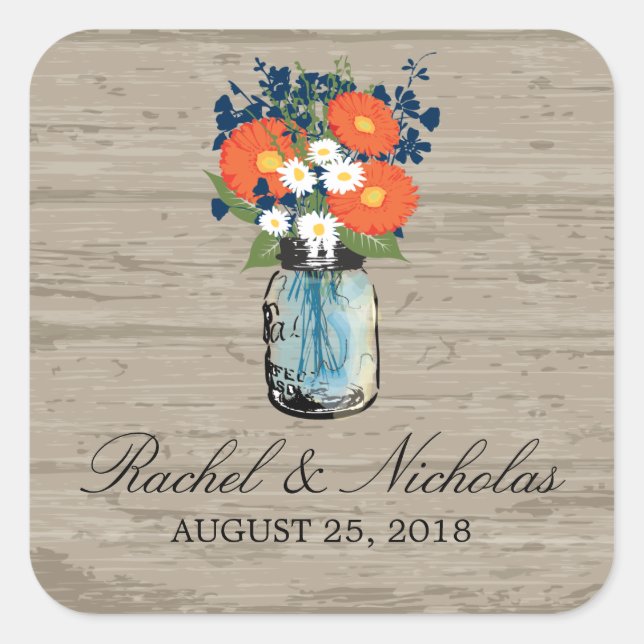 Adesivo Quadrado Mason Jar Floral Wedding (Frente)