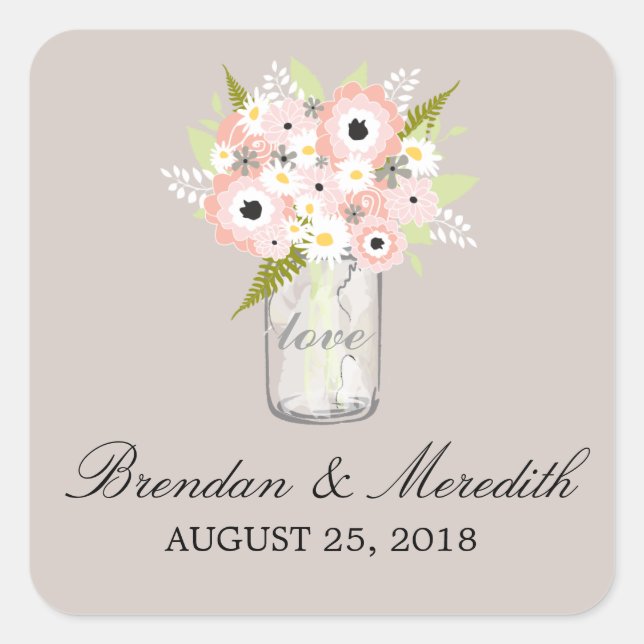 Adesivo Quadrado Mason Jar Floral Wedding (Frente)