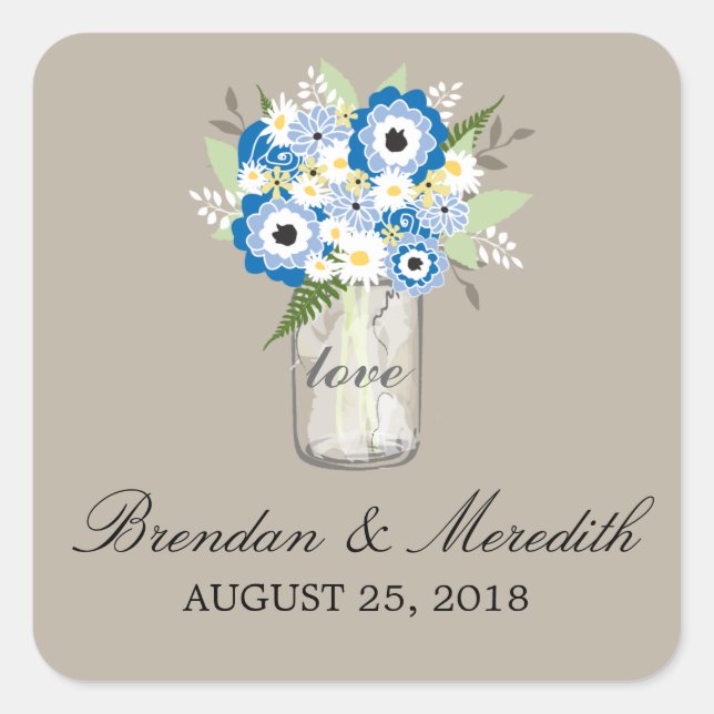 Adesivo Quadrado Mason Jar Floral Wedding (Frente)