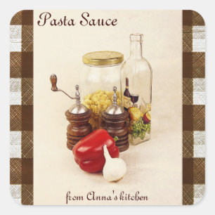Adesivo Quadrado Massas alimentícias, pimenta vermelha, sal e molho