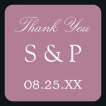 Adesivo Quadrado Mauve Wedding Favor Obrigado Sticker<br><div class="desc">Mauve Wedding Favor Obrigado Sticker,  personalize com as iniciais do casal e a data do casamento,  usando a modelo de personalização online antes de fazer o pedido.</div>