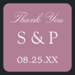 Adesivo Quadrado Mauve Wedding Favor Obrigado Sticker<br><div class="desc">Mauve Wedding Favor Obrigado Sticker,  personalize com as iniciais do casal e a data do casamento,  usando a modelo de personalização online antes de fazer o pedido.</div>