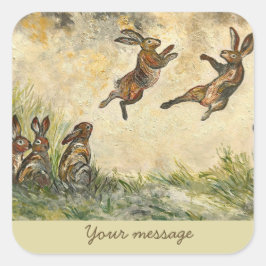 Adesivo Quadrado Meadow Matchup Playful Hares in a Meadow 