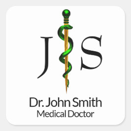 Adesivo Quadrado Médica Dourada de Asclepius Verde-Herbal