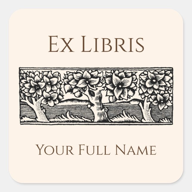 Adesivo Quadrado Medieval Trees Ex Libris Bookplate, Book Labels (Frente)