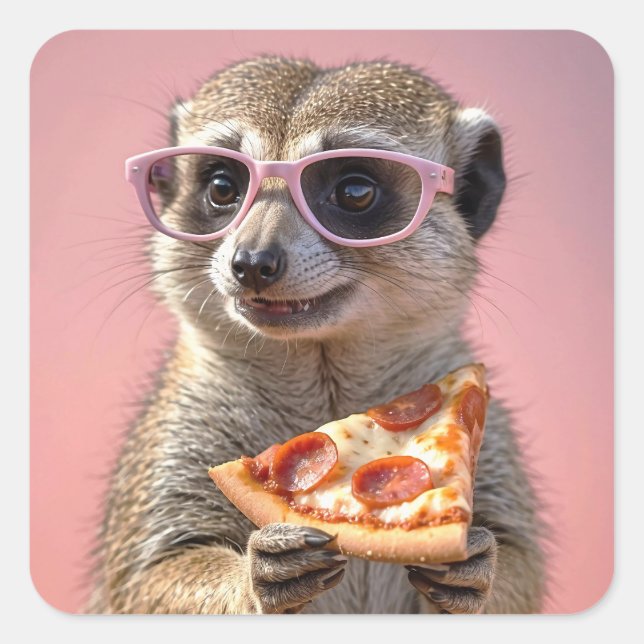 Adesivo Quadrado Meerkat bonito com óculos e pizza (Frente)