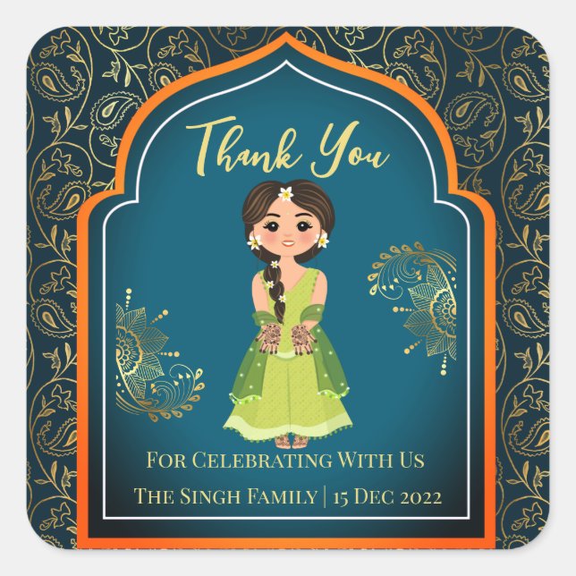 Adesivo Quadrado Mehndi padrões árabe indiano verde design (Frente)