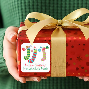 Adesivo Quadrado Meias de Natal Fofo Personalizadas de Presente