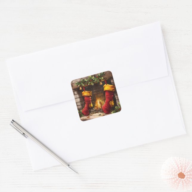 Adesivo Quadrado Meias de Natal Presas pelo Fogo (Envelope)