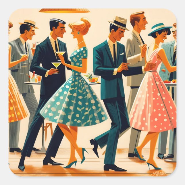 Adesivo Quadrado Meio século Modern Martinis Dançando Cocktail (Frente)